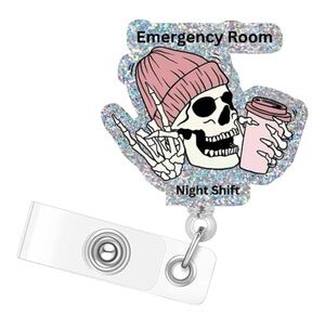ER Emergency Room Night Shift Sparkly Skeleton Coffee Badge Reel Clip New
